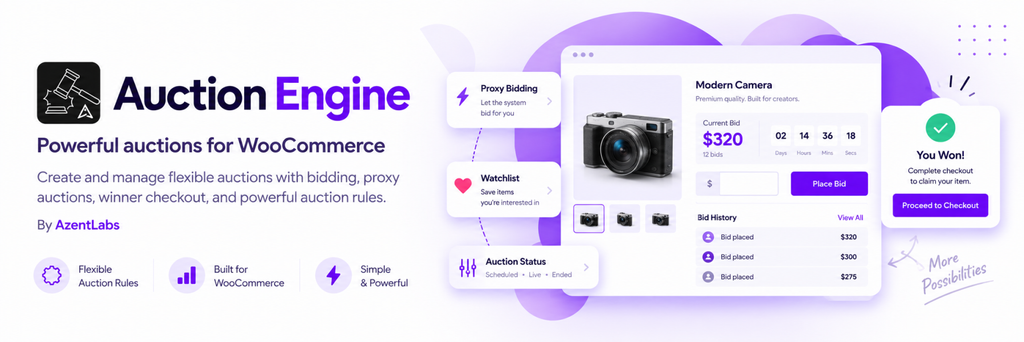 WooCommerce auction product created with Auction Engine